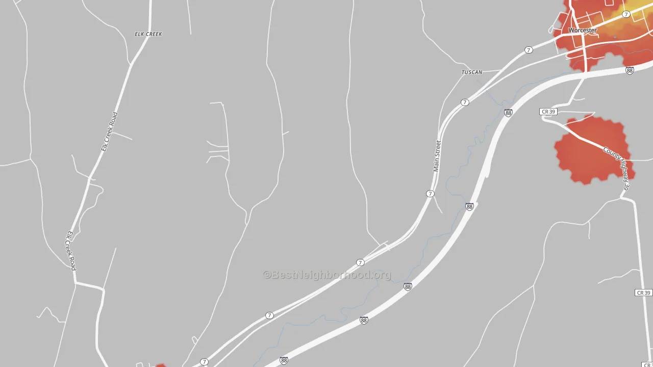 Walk Grade map of Tuscan, NY, walkable areas in green and car-dependent areas in red