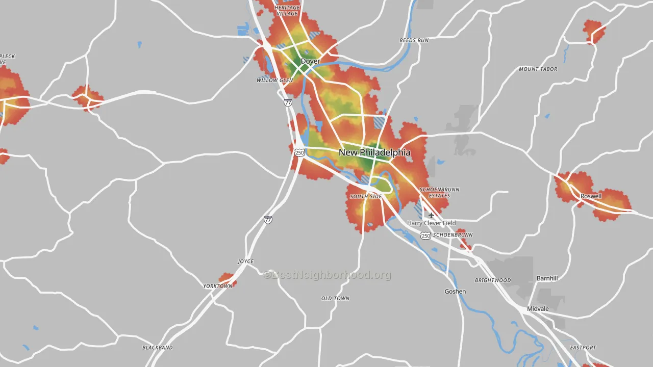 Walk Grade map of Tuscarawas County, OH, walkable areas in green and car-dependent areas in red