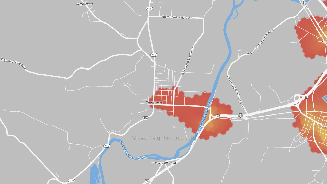 Walk Grade map of Tuscarawas, OH, walkable areas in green and car-dependent areas in red
