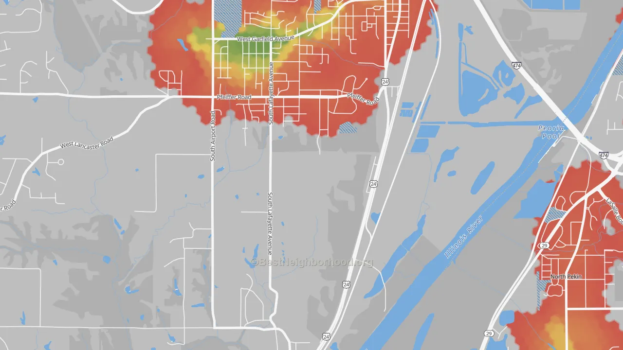 Walk Grade map of Tuscarora, IL, walkable areas in green and car-dependent areas in red