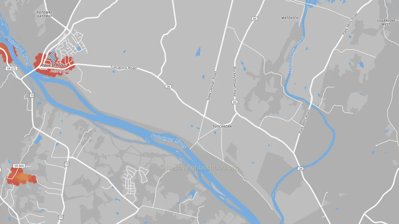Walk Grade map of Tuscarora, MD, walkable areas in green and car-dependent areas in red