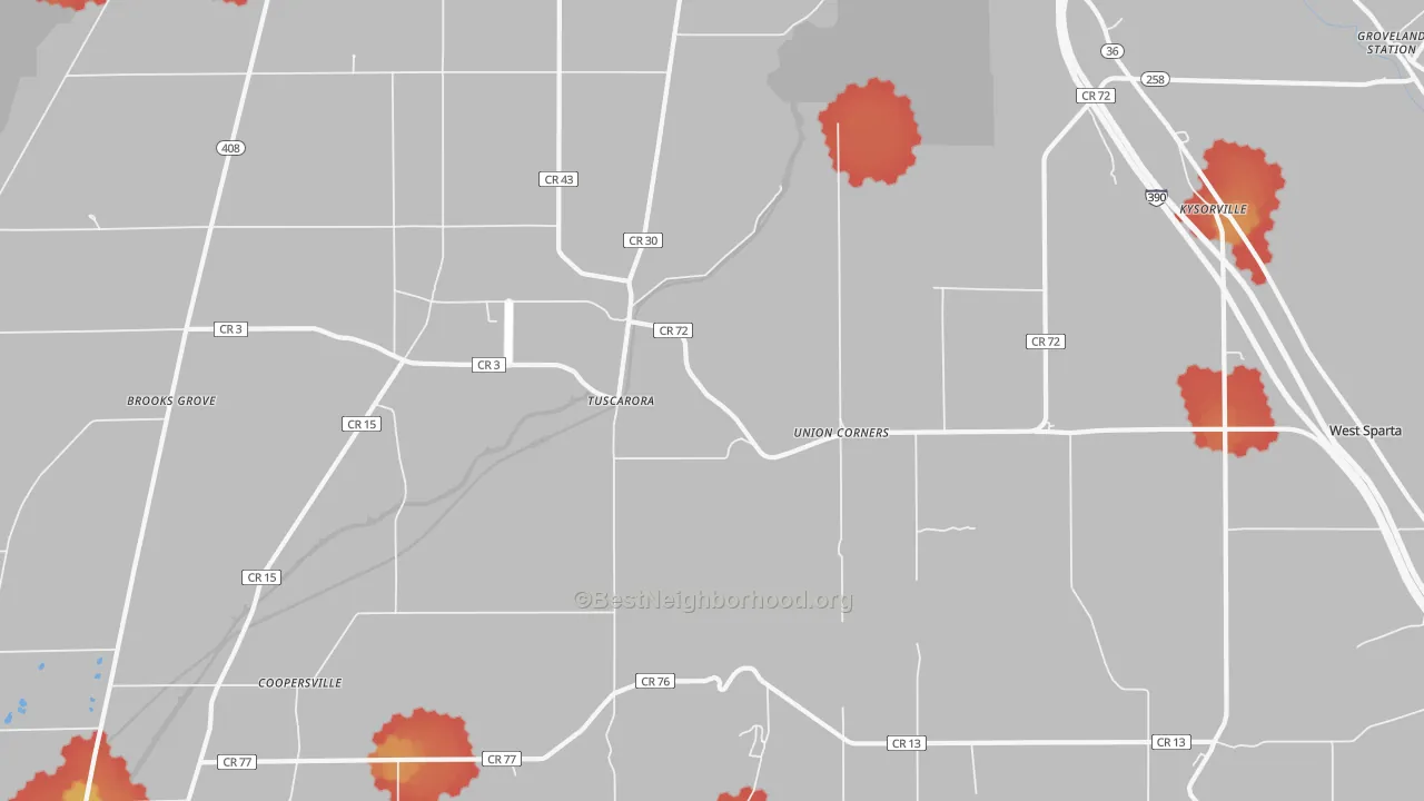 Walk Grade map of Tuscarora, NY, walkable areas in green and car-dependent areas in red