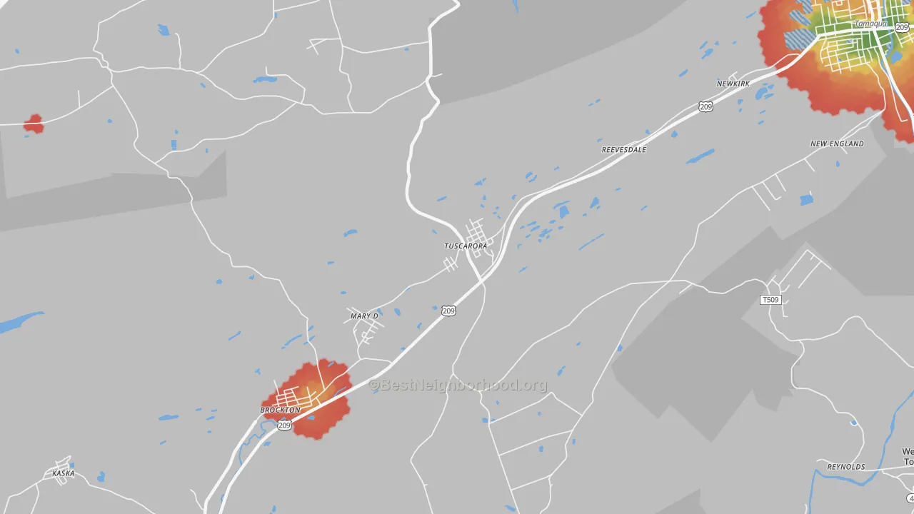Walk Grade map of Tuscarora, PA, walkable areas in green and car-dependent areas in red