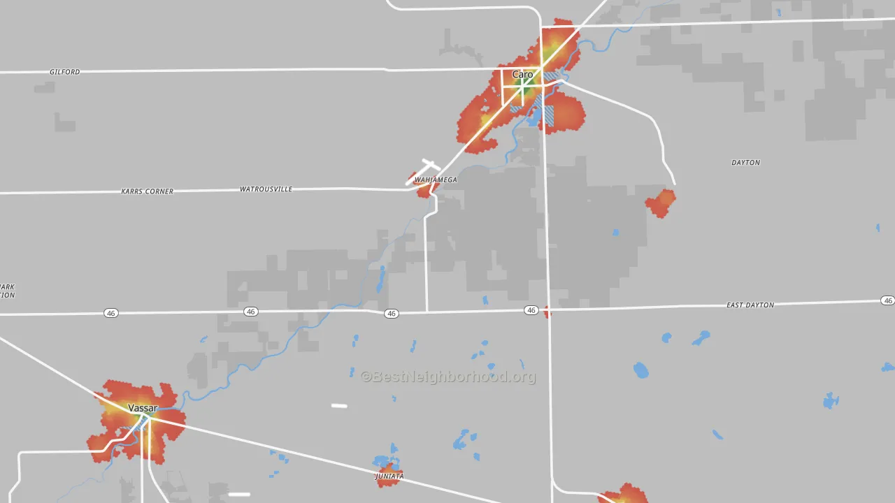Walk Grade map of Tuscola County, MI, walkable areas in green and car-dependent areas in red