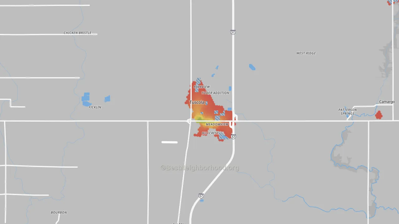Walk Grade map of Tuscola, IL, walkable areas in green and car-dependent areas in red