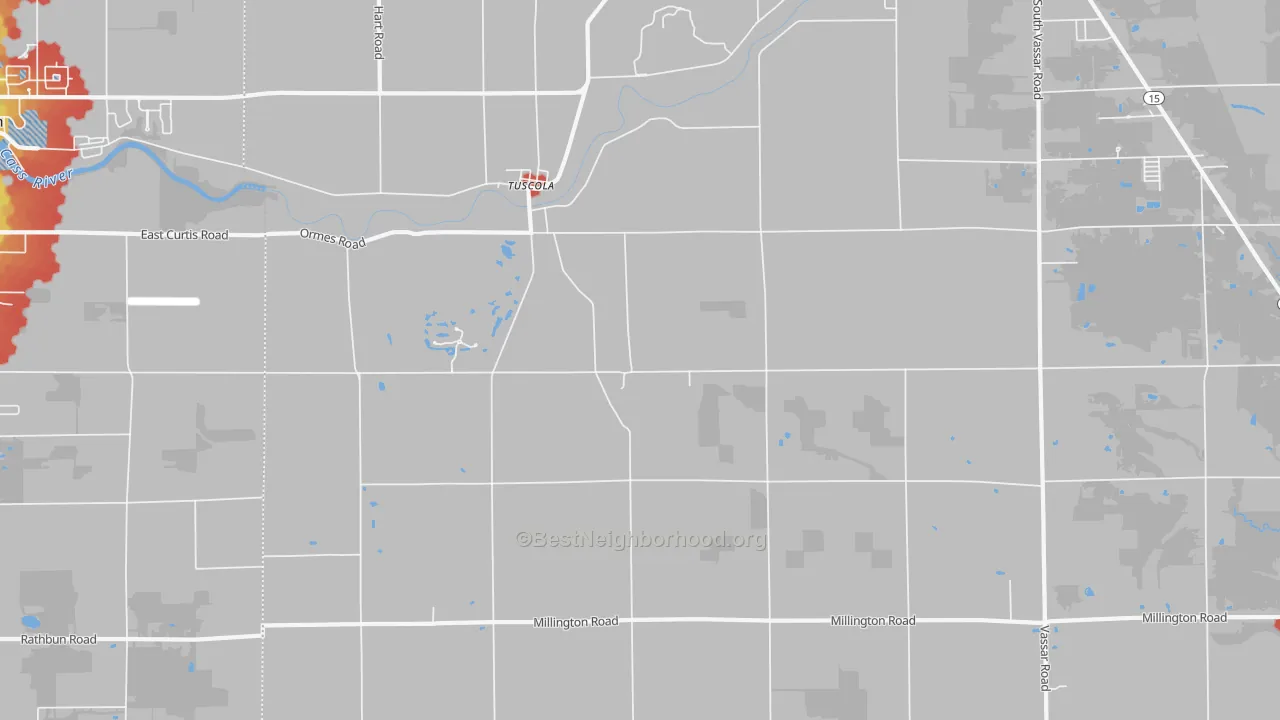 Walk Grade map of Tuscola, MI, walkable areas in green and car-dependent areas in red