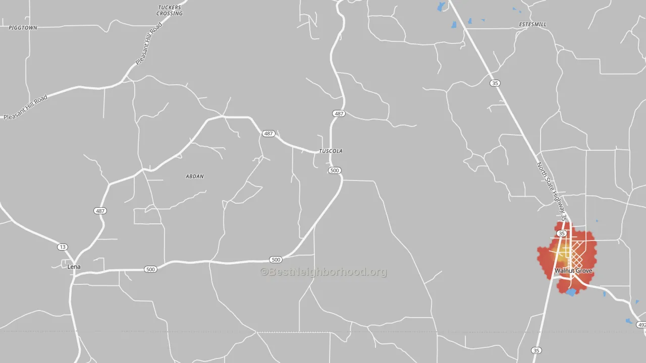 Walk Grade map of Tuscola, MS, walkable areas in green and car-dependent areas in red
