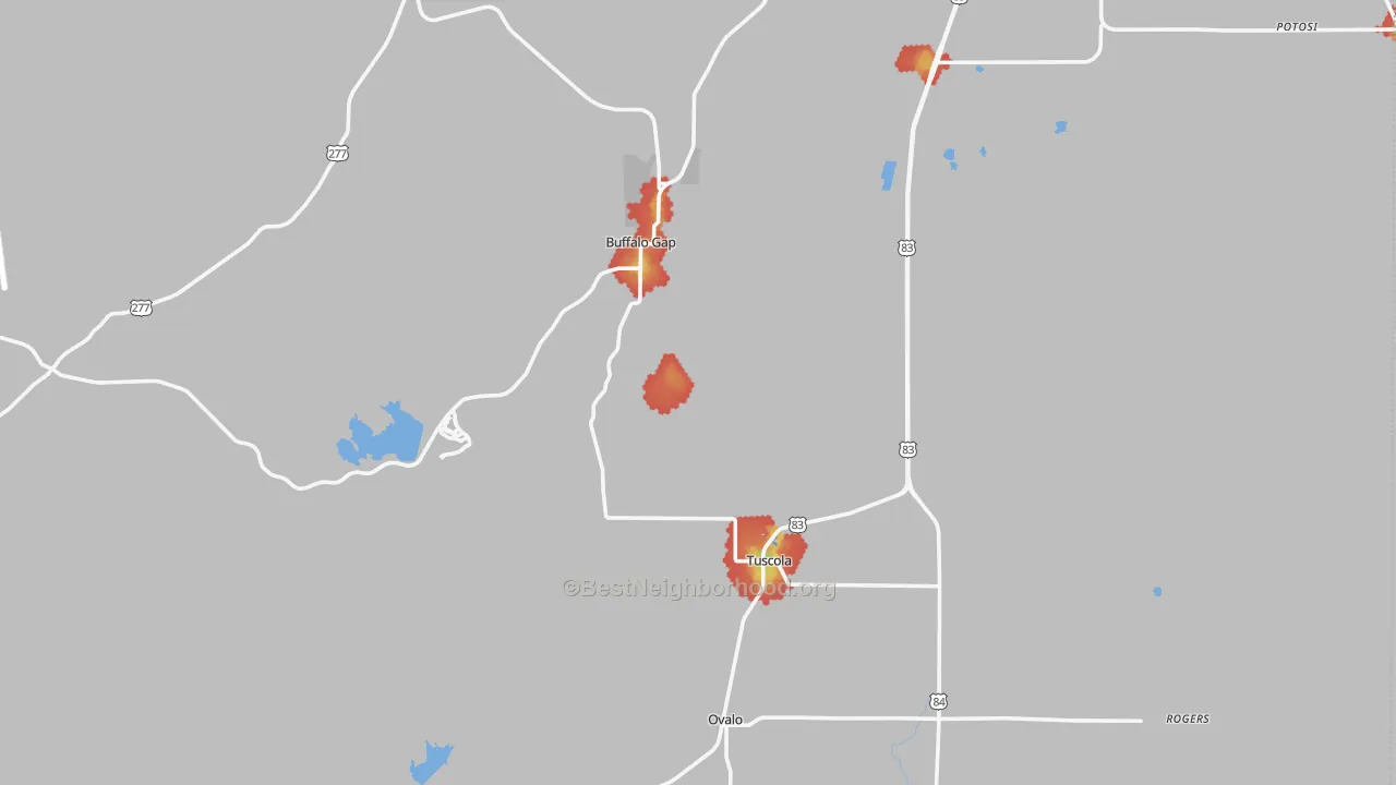 Walk Grade map of Tuscola, TX, walkable areas in green and car-dependent areas in red