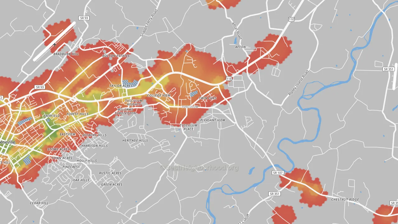 Walk Grade map of Tusculum, TN, walkable areas in green and car-dependent areas in red