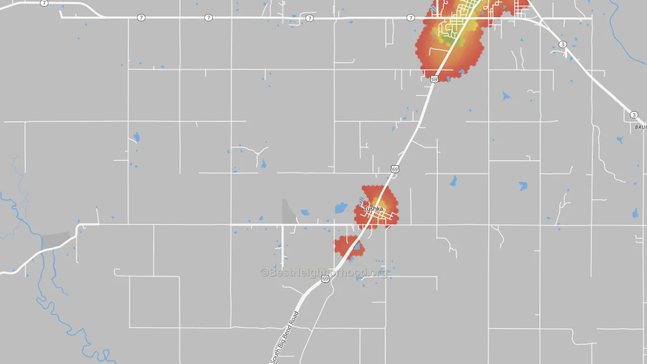 Walk Grade map of Tushka, OK, walkable areas in green and car-dependent areas in red