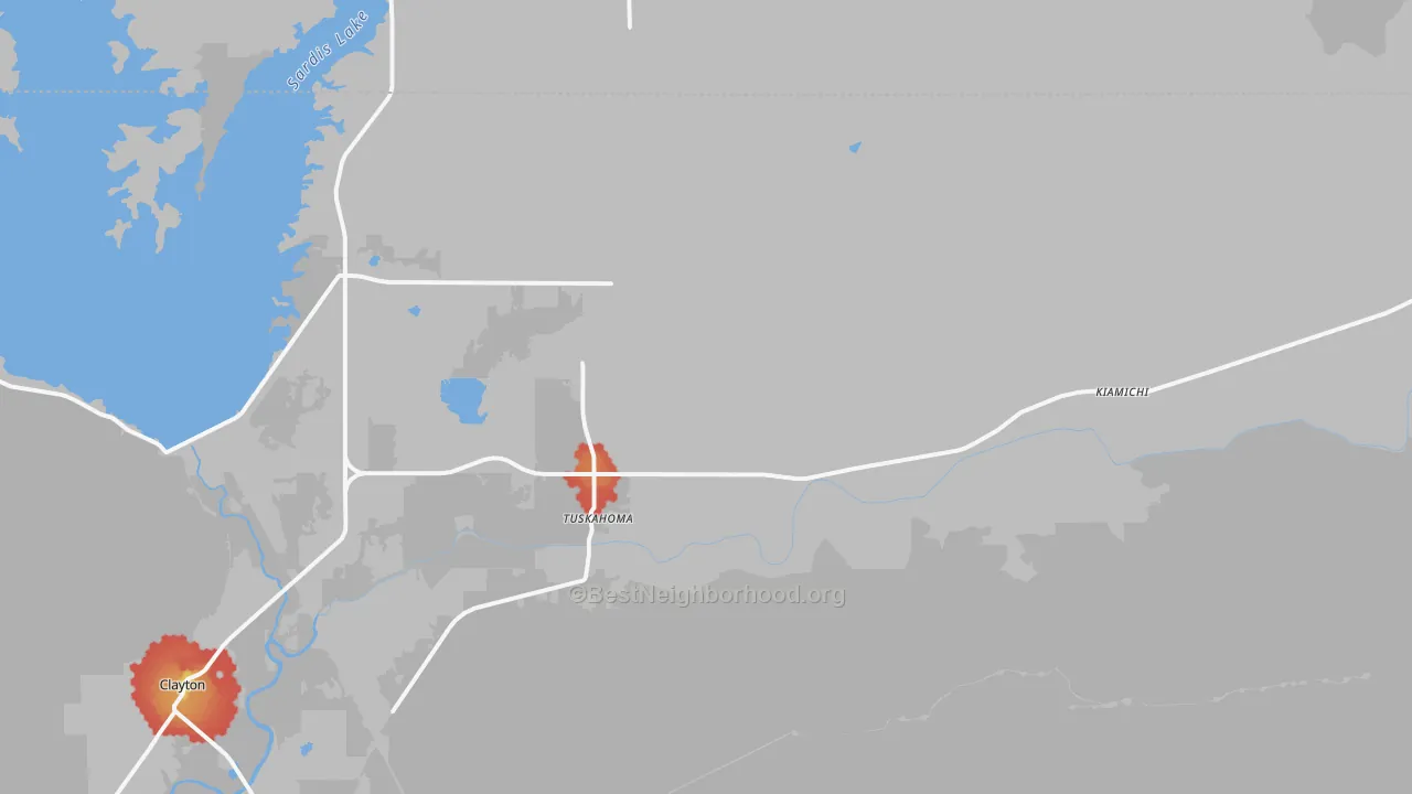 Walk Grade map of Tuskahoma, OK, walkable areas in green and car-dependent areas in red
