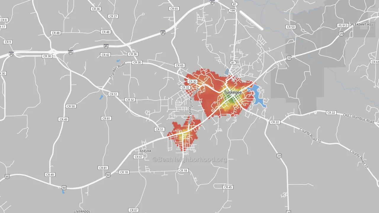 Walk Grade map of Tuskegee Institute, AL, walkable areas in green and car-dependent areas in red