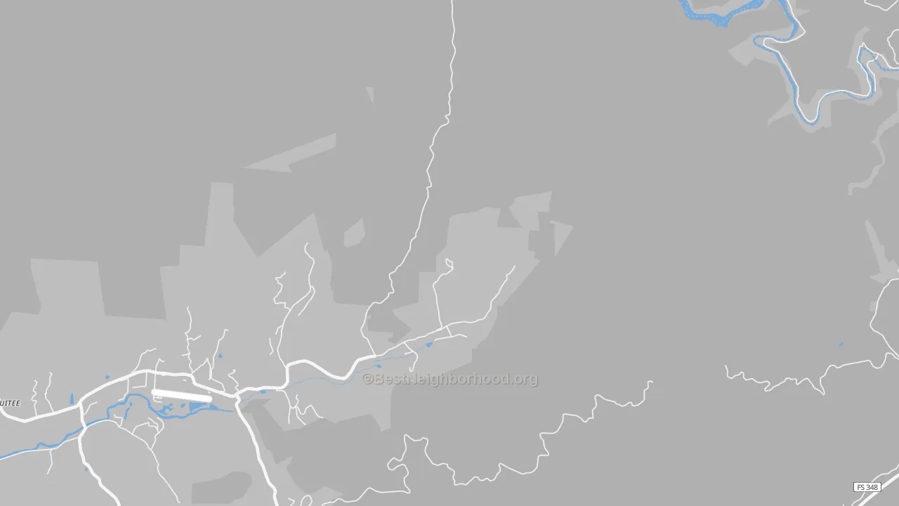 Walk Grade map of Tusquitee, NC, walkable areas in green and car-dependent areas in red
