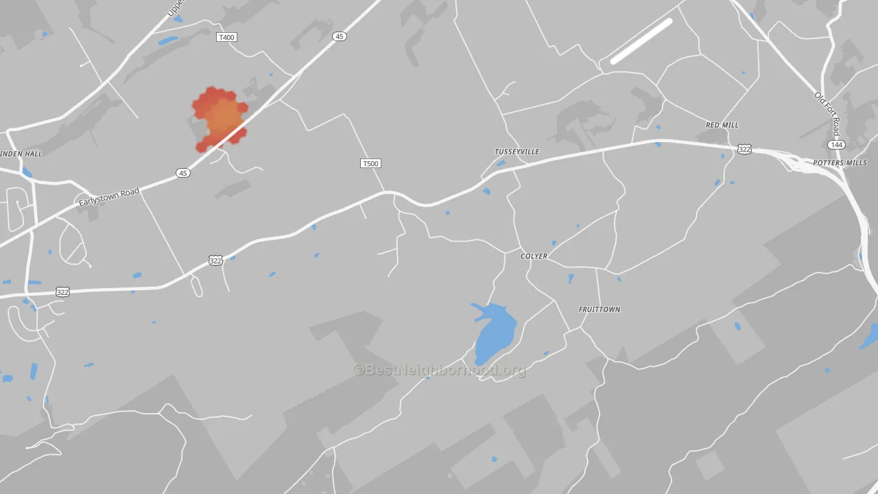 Walk Grade map of Tusseyville, PA, walkable areas in green and car-dependent areas in red