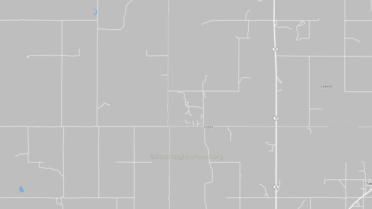 Walk Grade map of Tussy, OK, walkable areas in green and car-dependent areas in red