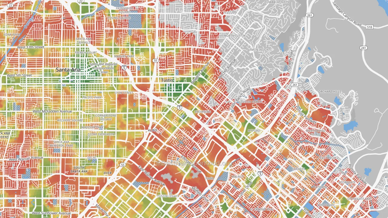 Walk Grade map of Tustin, CA, walkable areas in green and car-dependent areas in red