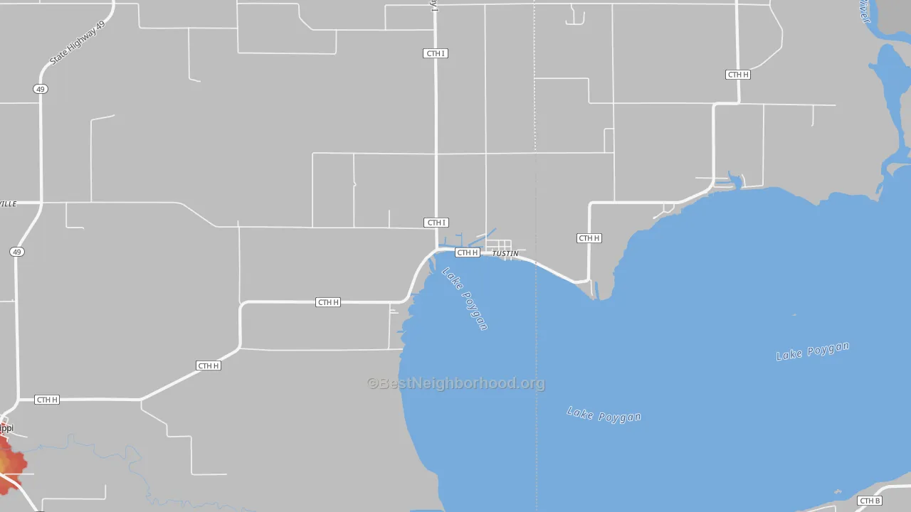 Walk Grade map of Tustin, WI, walkable areas in green and car-dependent areas in red