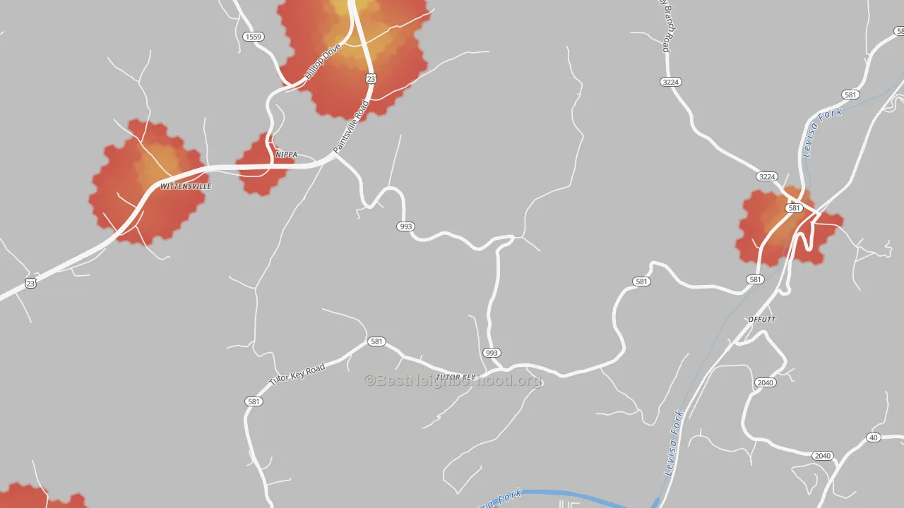 Walk Grade map of Tutor Key, KY, walkable areas in green and car-dependent areas in red