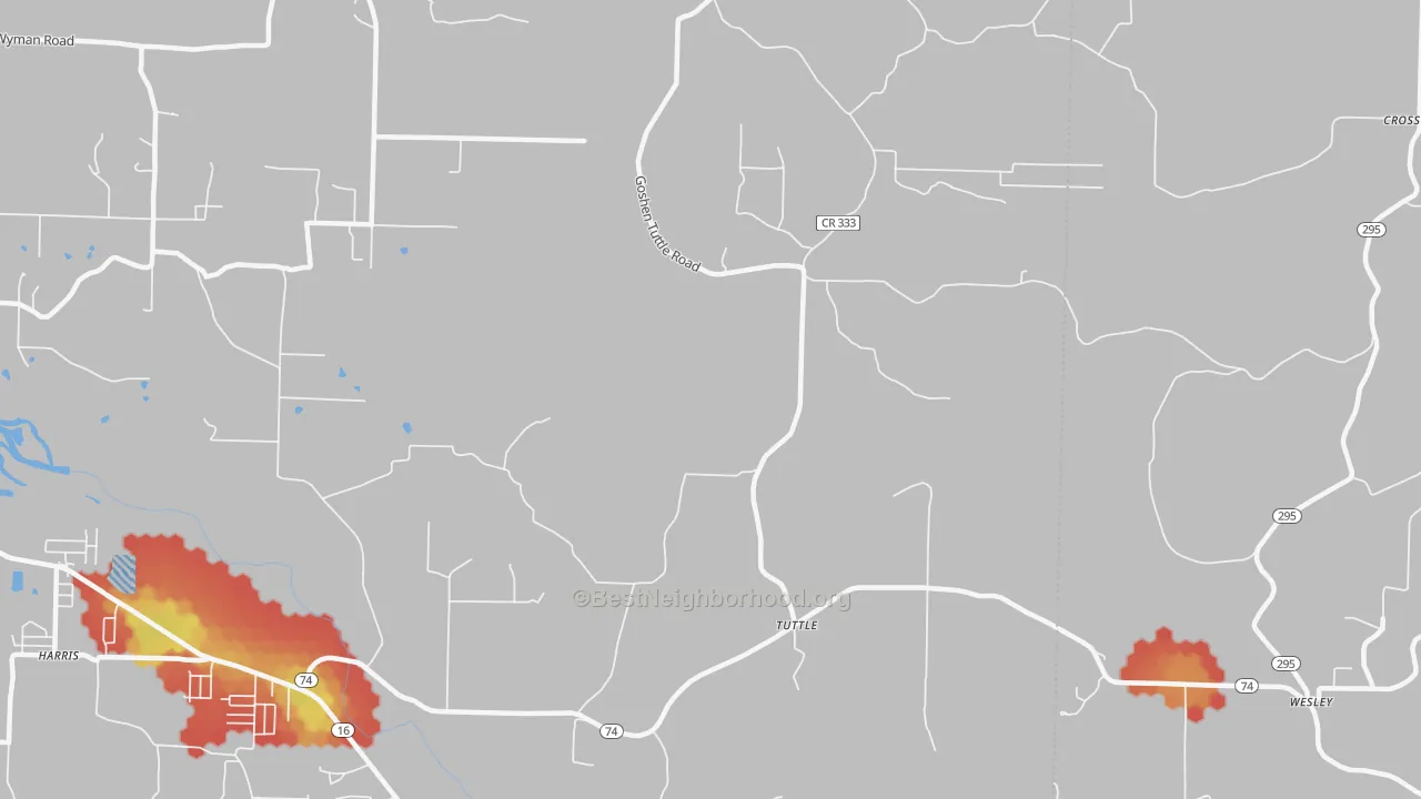 Walk Grade map of Tuttle, AR, walkable areas in green and car-dependent areas in red