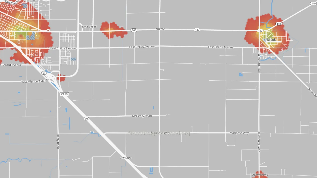 Walk Grade map of Tuttle, CA, walkable areas in green and car-dependent areas in red