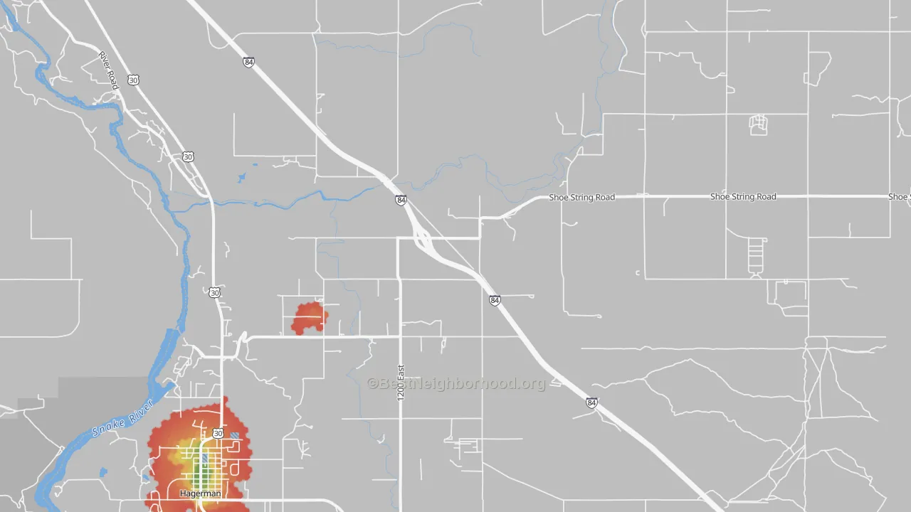 Walk Grade map of Tuttle, ID, walkable areas in green and car-dependent areas in red