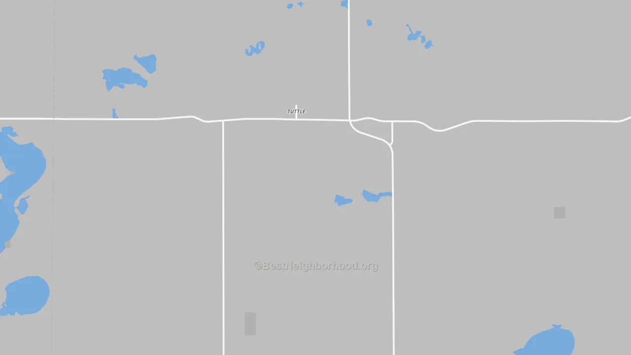 Walk Grade map of Tuttle, ND, walkable areas in green and car-dependent areas in red