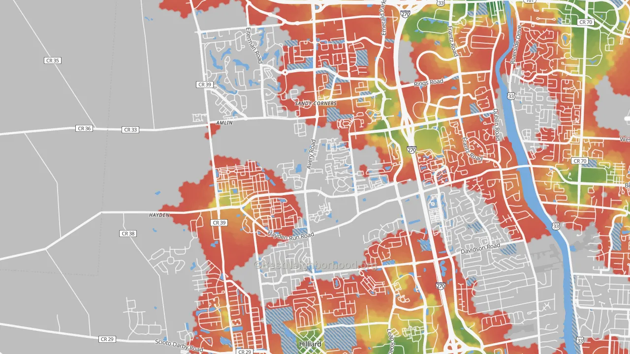 Walk Grade map of Tuttle West, Dublin, OH, walkable areas in green and car-dependent areas in red