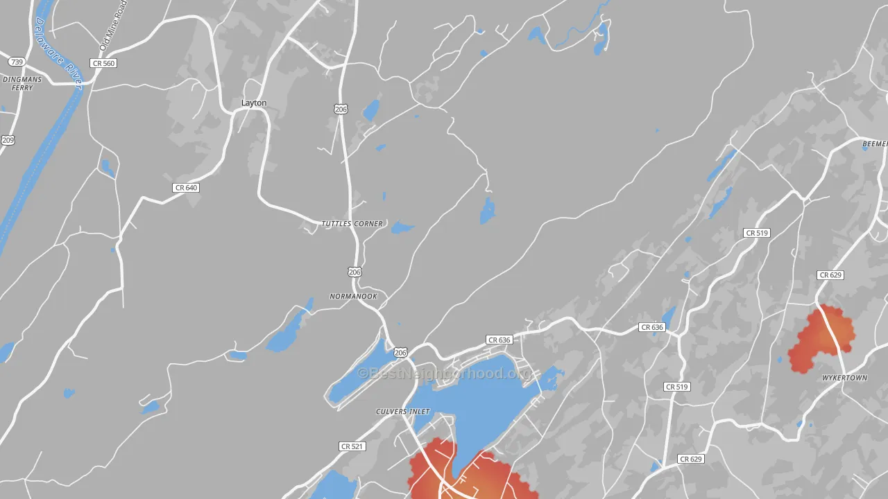 Walk Grade map of Tuttles Corner, NJ, walkable areas in green and car-dependent areas in red