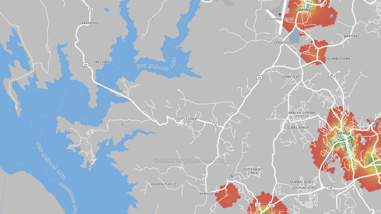 Walk Grade map of Tuttletown, CA, walkable areas in green and car-dependent areas in red