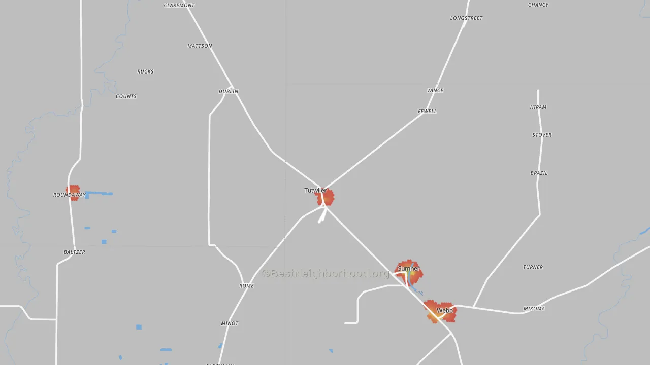 Walk Grade map of Tutwiler, MS, walkable areas in green and car-dependent areas in red