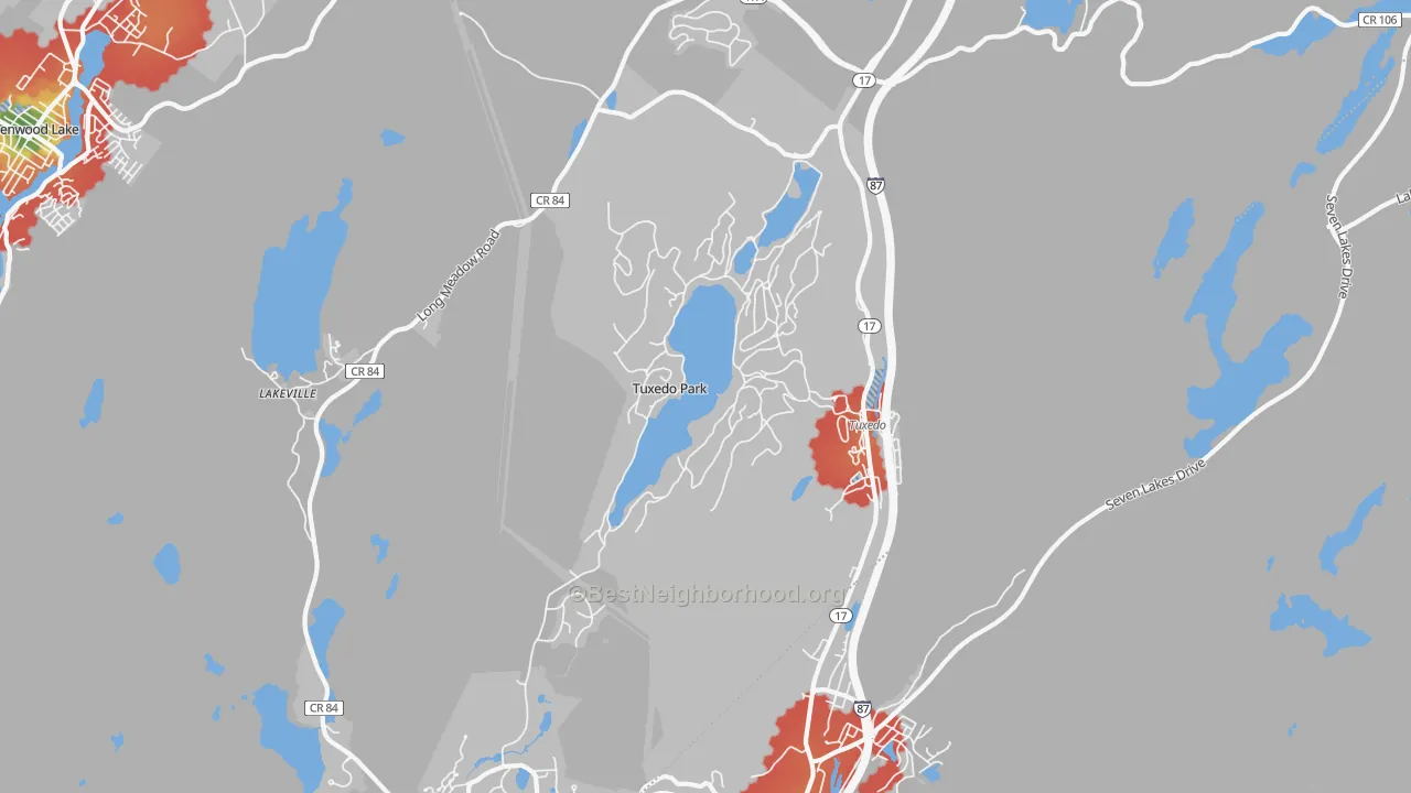 Walk Grade map of Tuxedo Park, NY, walkable areas in green and car-dependent areas in red