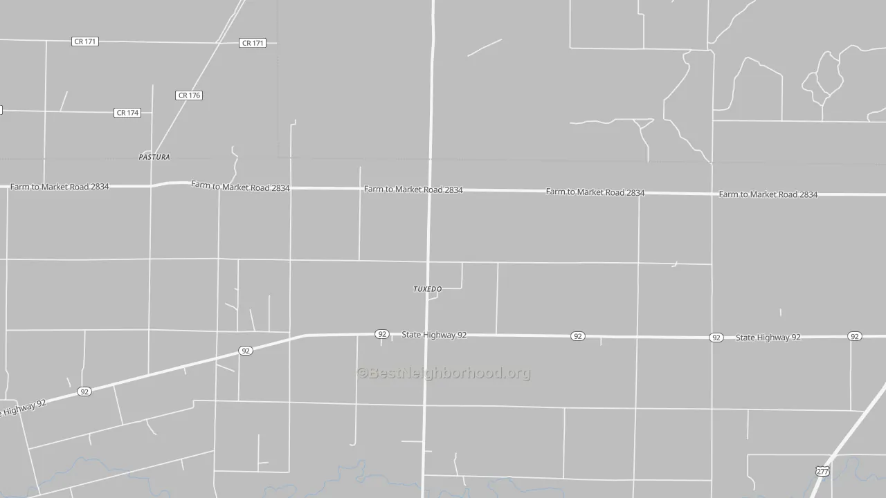Walk Grade map of Tuxedo, TX, walkable areas in green and car-dependent areas in red
