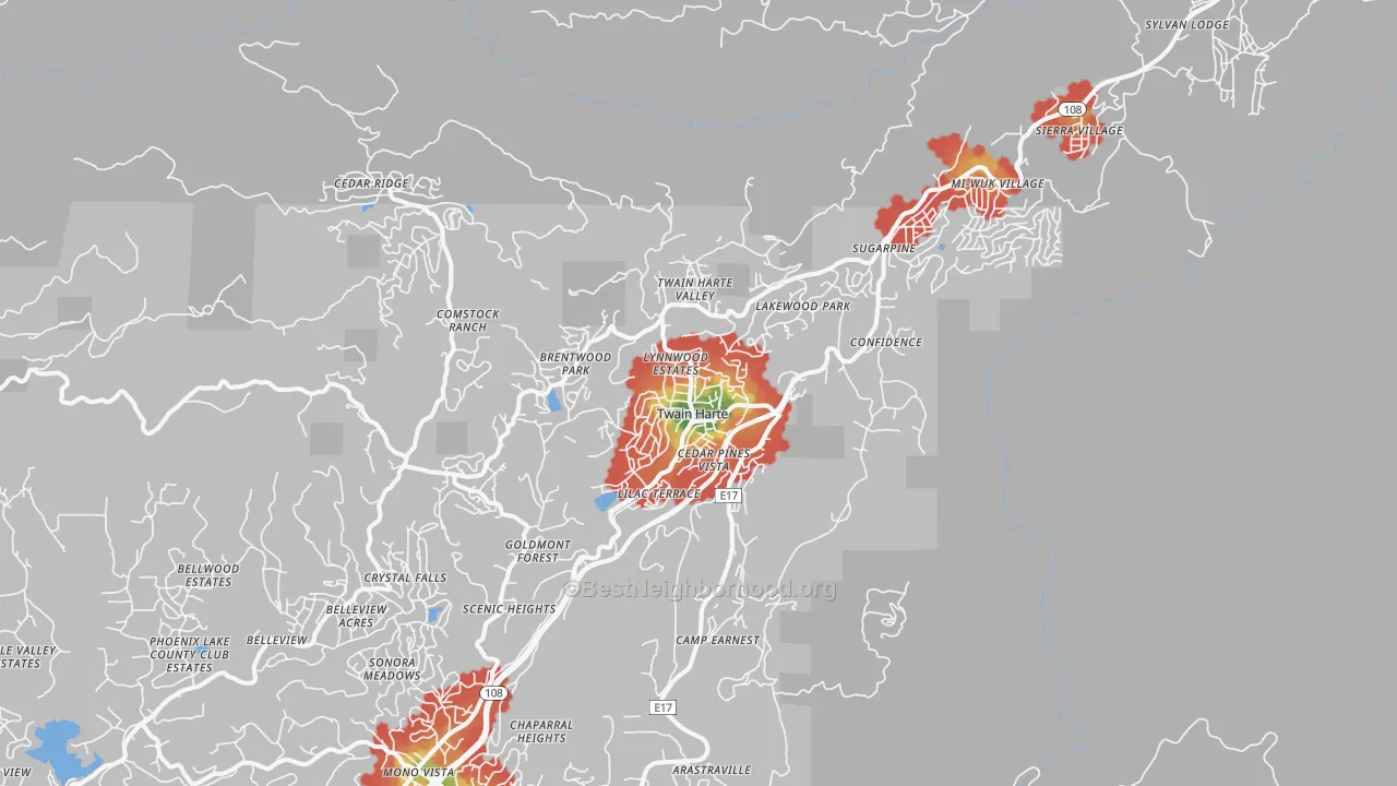 Walk Grade map of Twain Harte, CA, walkable areas in green and car-dependent areas in red