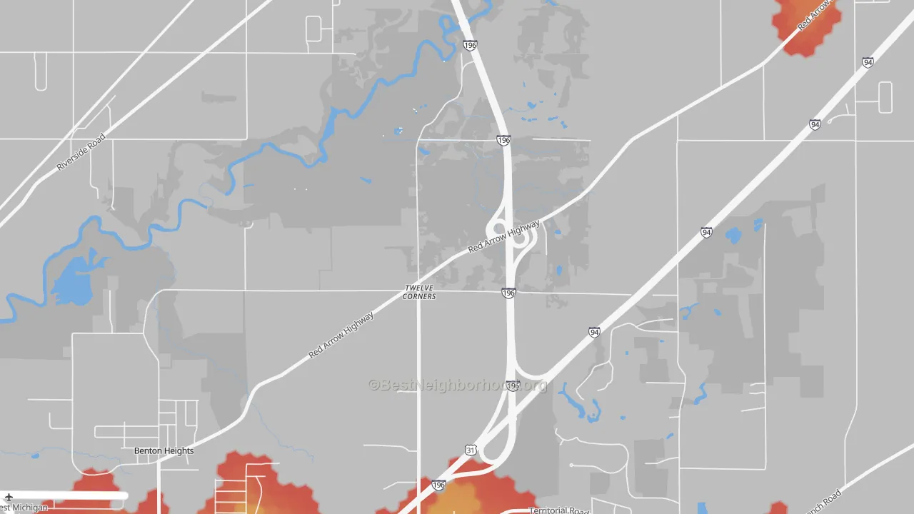 Walk Grade map of Twelve Corners, MI, walkable areas in green and car-dependent areas in red