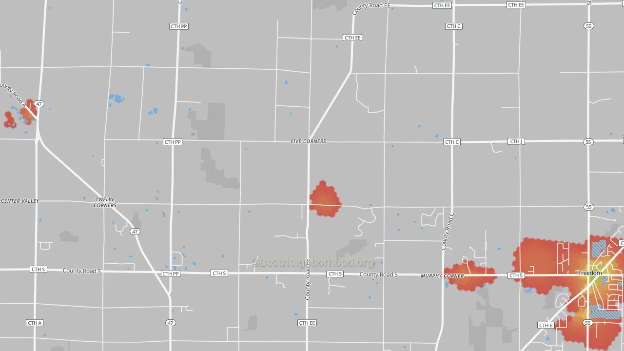 Walk Grade map of Twelve Corners, WI, walkable areas in green and car-dependent areas in red