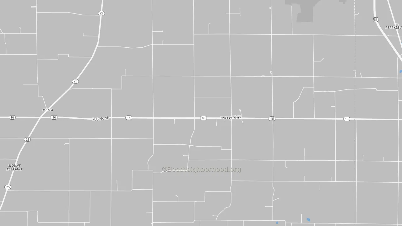 Walk Grade map of Twelve Mile, IN, walkable areas in green and car-dependent areas in red
