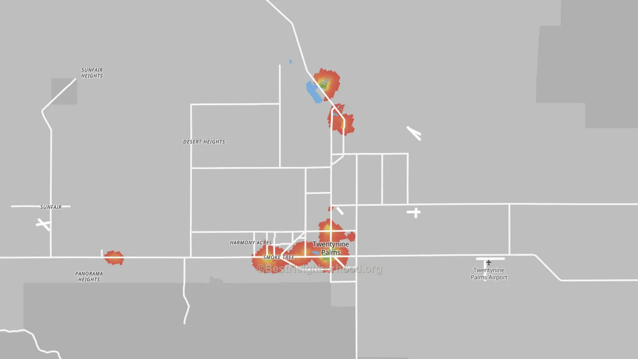 Walk Grade map of Twentynine Palms, CA, walkable areas in green and car-dependent areas in red