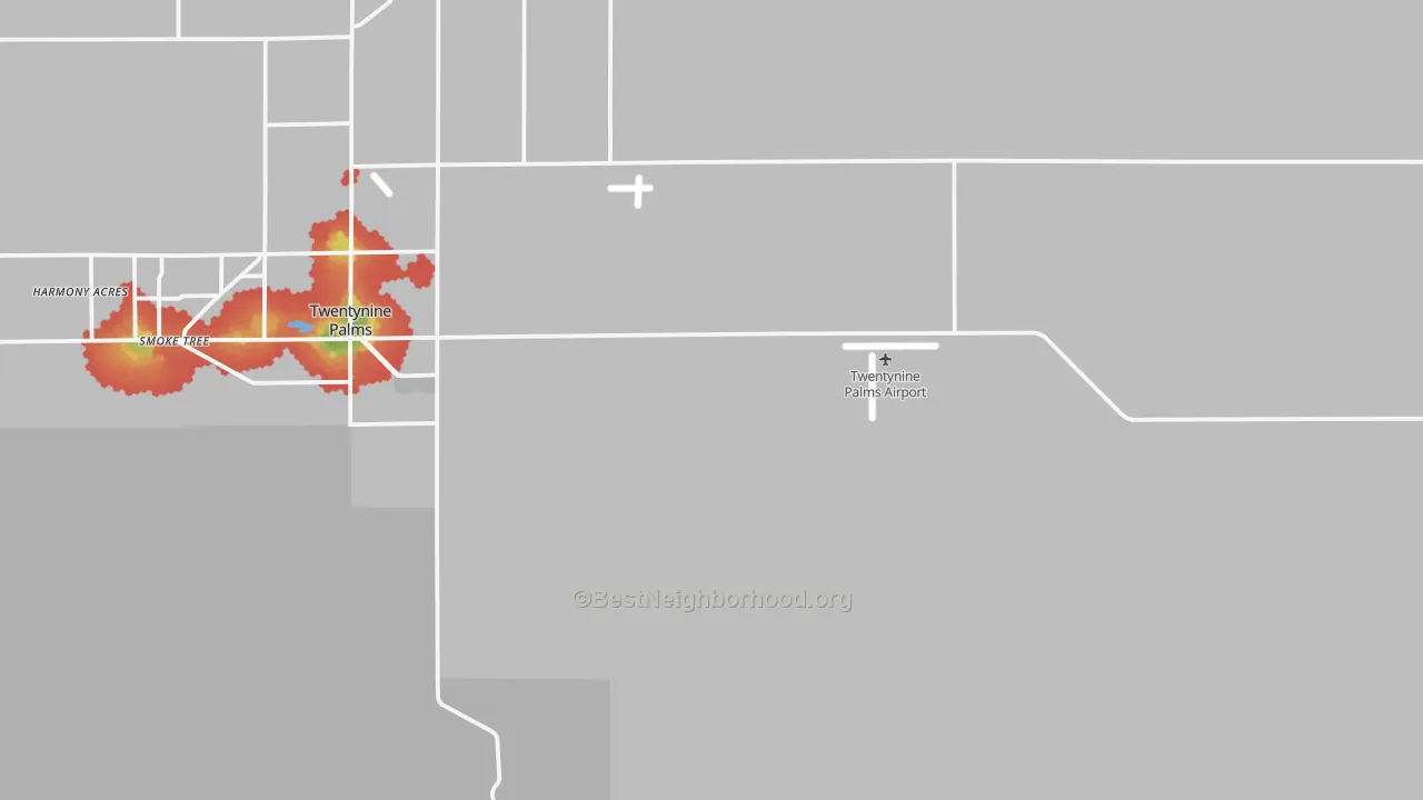 Walk Grade map of Twentynine Palms Marine Corps Base, CA, walkable areas in green and car-dependent areas in red