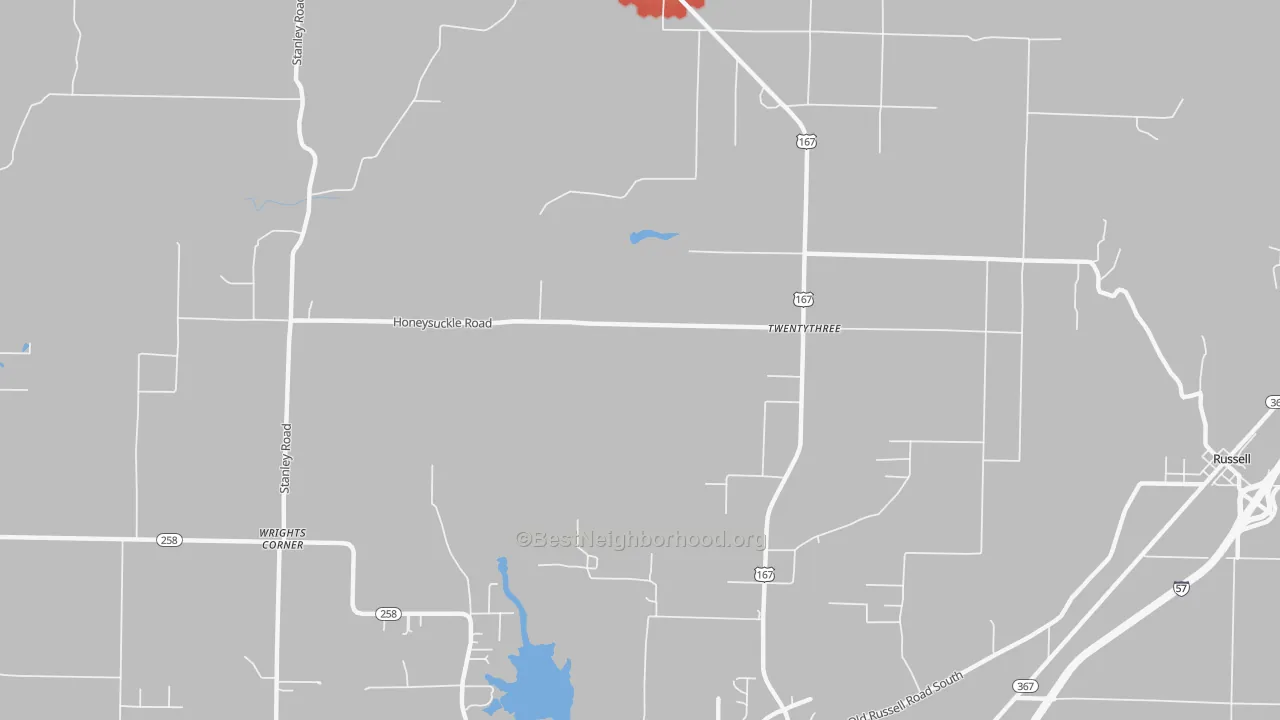 Walk Grade map of Twentythree, AR, walkable areas in green and car-dependent areas in red