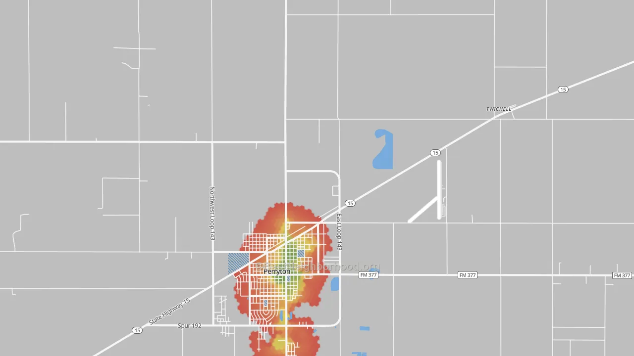 Walk Grade map of Twichell, TX, walkable areas in green and car-dependent areas in red