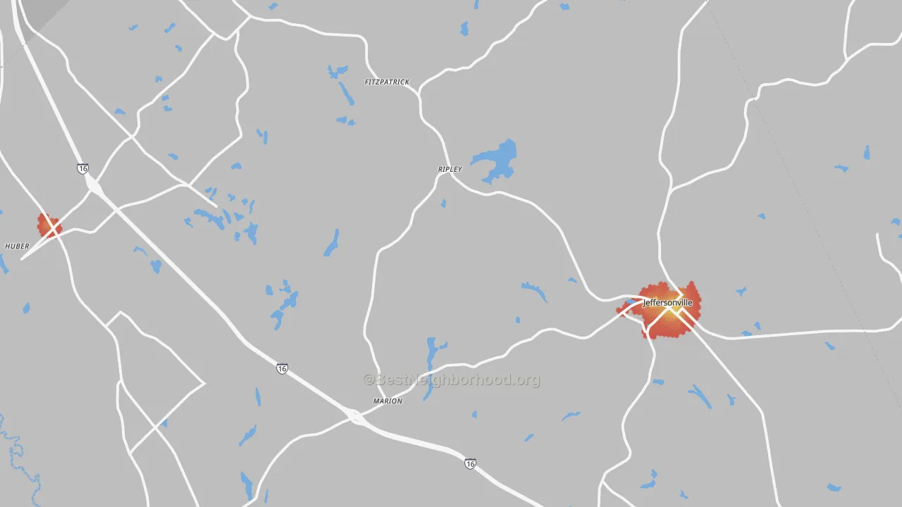 Walk Grade map of Twiggs County, GA, walkable areas in green and car-dependent areas in red