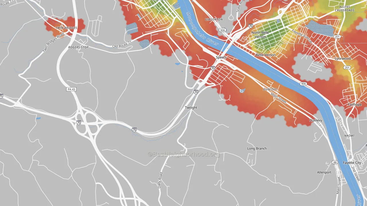 Walk Grade map of Twilight, PA, walkable areas in green and car-dependent areas in red