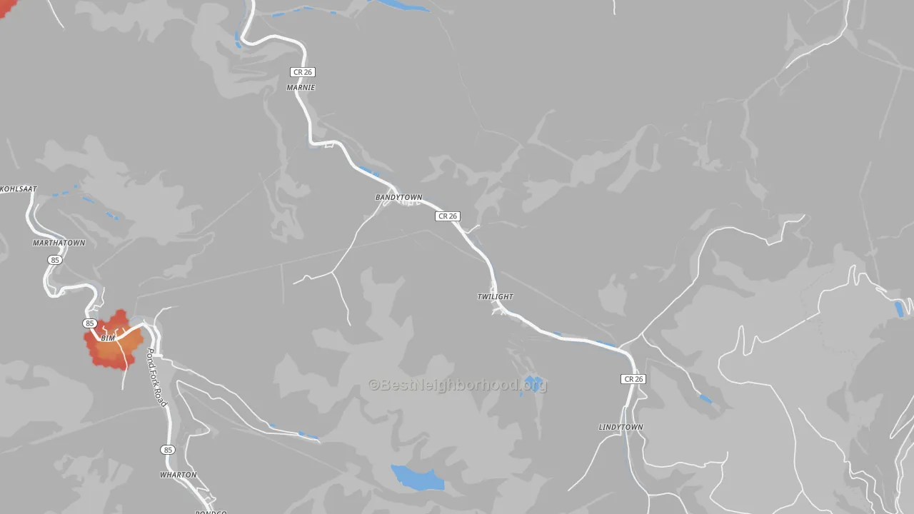Walk Grade map of Twilight, WV, walkable areas in green and car-dependent areas in red