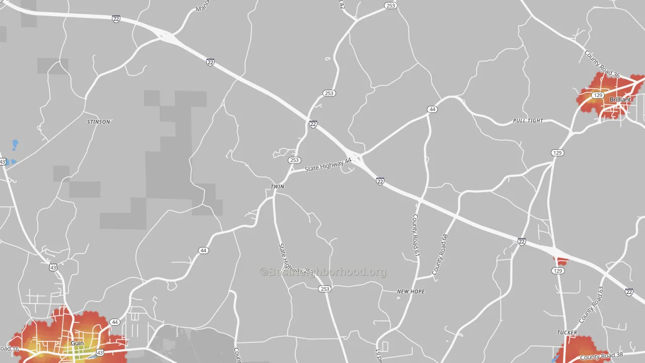 Walk Grade map of Twin, AL, walkable areas in green and car-dependent areas in red