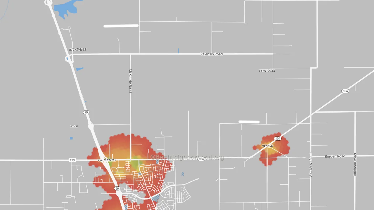 Walk Grade map of Twin Cities, CA, walkable areas in green and car-dependent areas in red
