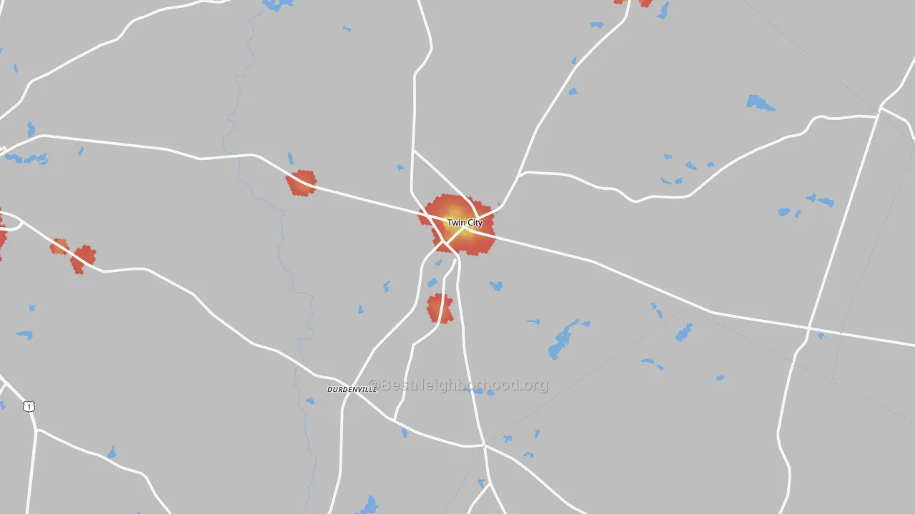 Walk Grade map of Twin City, GA, walkable areas in green and car-dependent areas in red