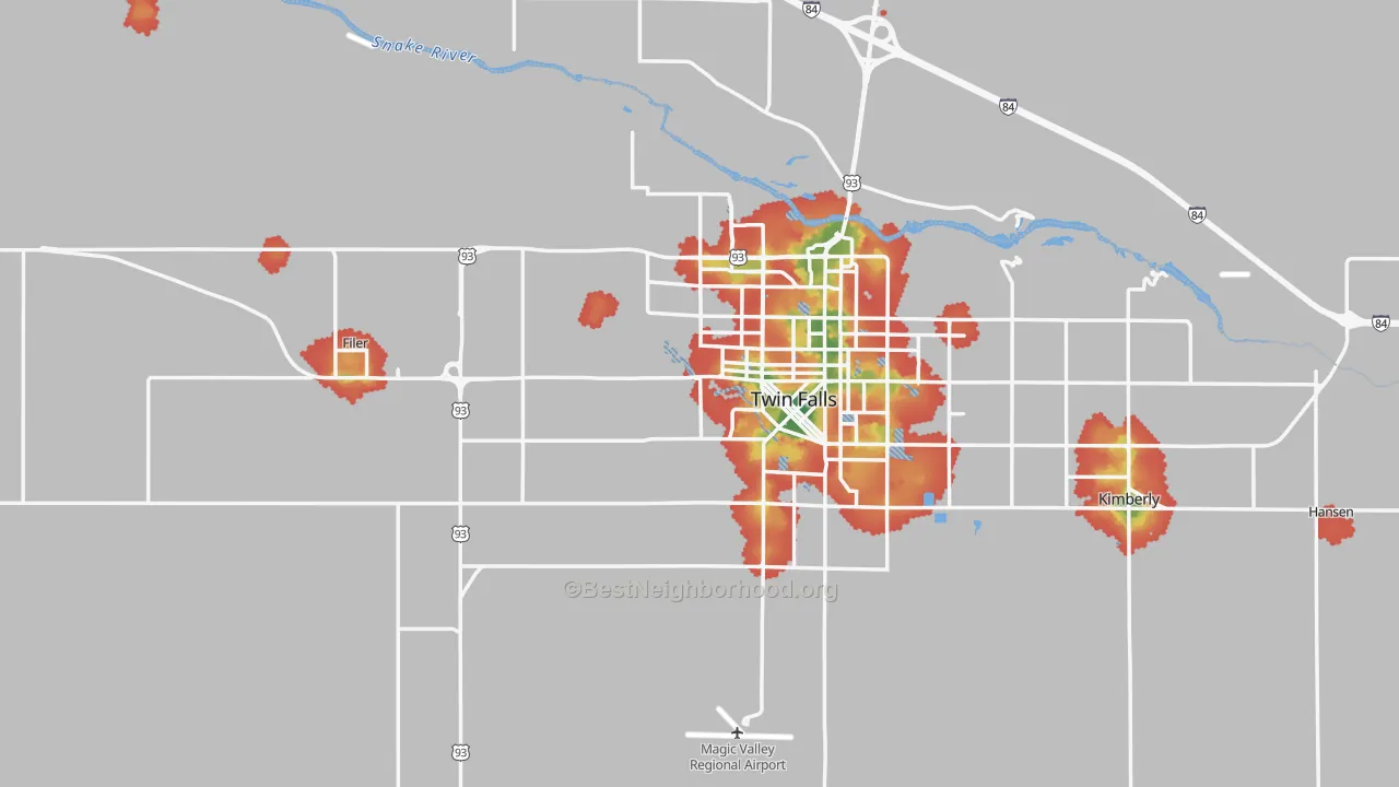 Walk Grade map of Twin Falls County, ID, walkable areas in green and car-dependent areas in red