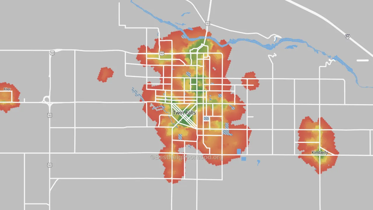 Walk Grade map of Twin Falls, ID, walkable areas in green and car-dependent areas in red