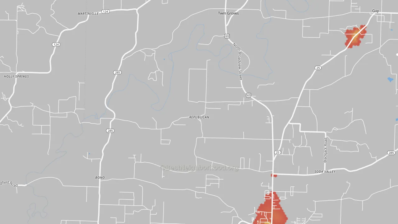 Walk Grade map of Twin Groves, AR, walkable areas in green and car-dependent areas in red