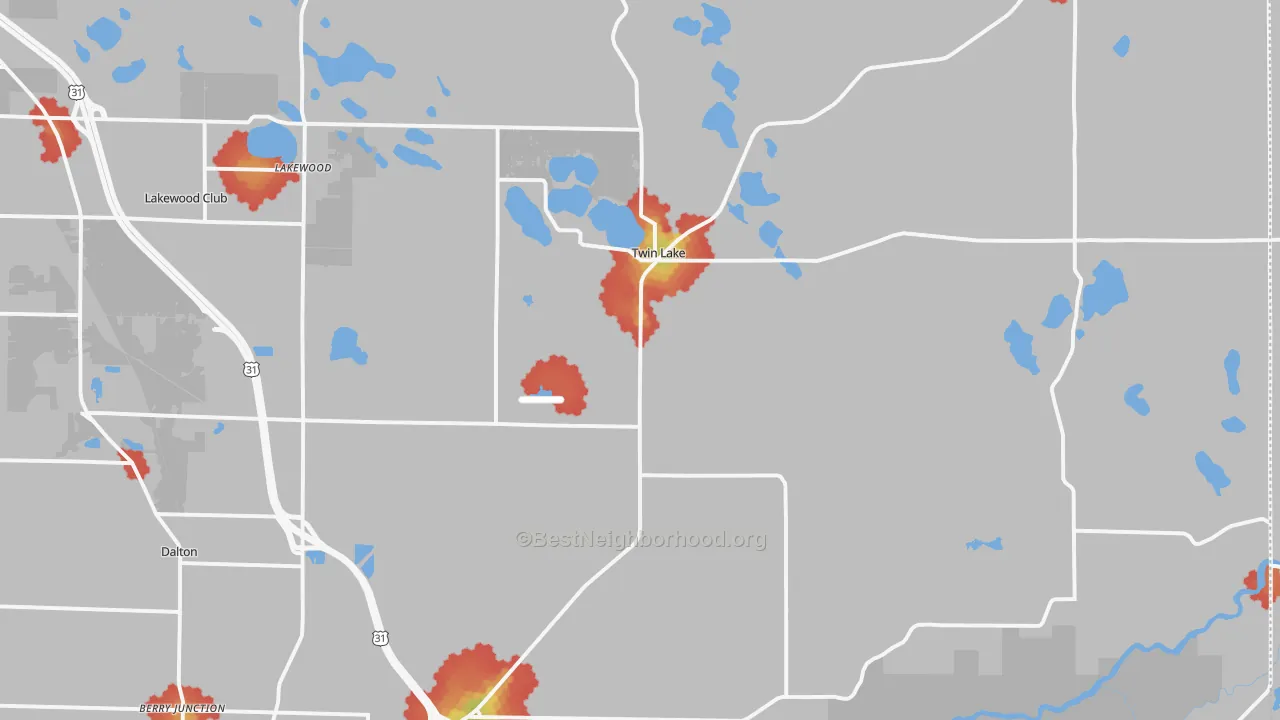 Walk Grade map of Twin Lake, MI, walkable areas in green and car-dependent areas in red
